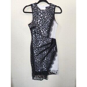 Topshop Dress Women US 8 UK 12 Black White Lace Asymmetrical Sheath Bodycon Midi